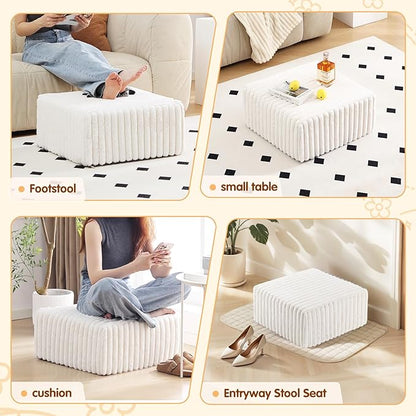 Tiita Suqre Stuffed Pouf Ottoman, Stripe Poufs 21×21×10 inch with Foam Chunk Filling, Floor Bean Bag Floor Chair Storage for Living Room Bedroom Home Decor, Beige