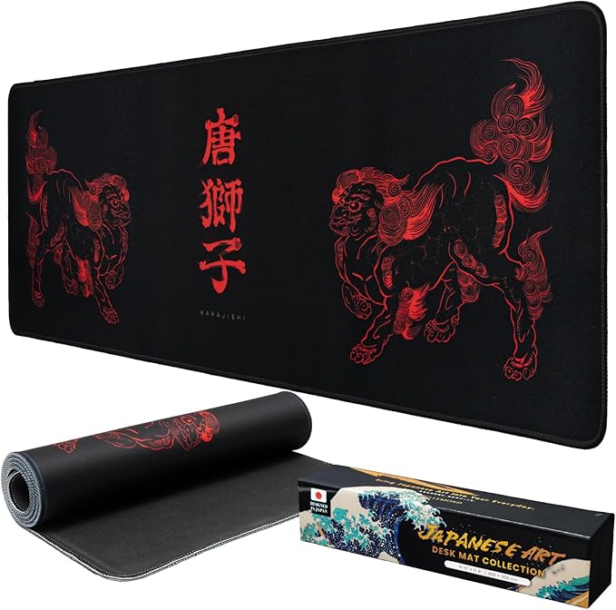 BELLEMOND Japanese Art Desk Mat | Large 31.5x11.8in Desk Pad | Mouse Pad for Keyboard & Mouse | Non-Slip Base, Water-Repellent, Smooth Precision | Kara-jishi - Twin Lions