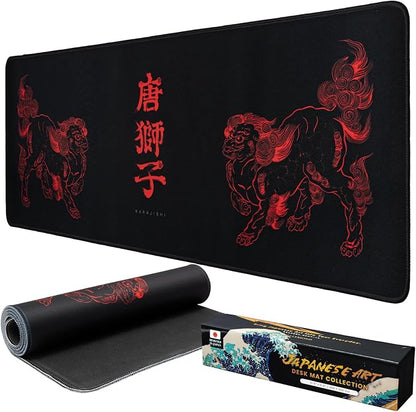 BELLEMOND Japanese Art Desk Mat | Large 31.5x11.8in Desk Pad | Mouse Pad for Keyboard & Mouse | Non-Slip Base, Water-Repellent, Smooth Precision | Kara-jishi - Twin Lions