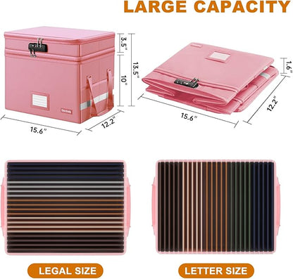 DocSafe File Box with Lock,Multi-Layer Fireproof Document Box Collapsible File Storage Organizer with Pockets/Handle,Large Portable Home Office Filing Safe for Hanging Letter/Legal Size Folders,Pink