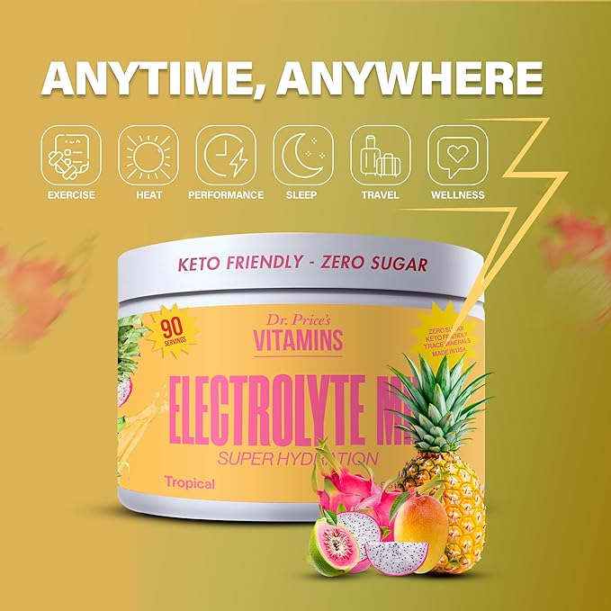 Dr. Price’s Electrolytes Powder Bulk | Tropical 90 Servings | Sugar Free Hydration Powder with 72+ Trace Minerals | Keto, Vegan, Electrolyte Drink Mix | Doctor-Formulated, Made in USA