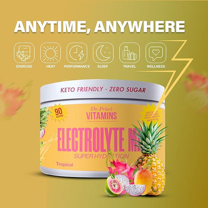 Dr. Price’s Electrolytes Powder Bulk | Tropical 90 Servings | Sugar Free Hydration Powder with 72+ Trace Minerals | Keto, Vegan, Electrolyte Drink Mix | Doctor-Formulated, Made in USA
