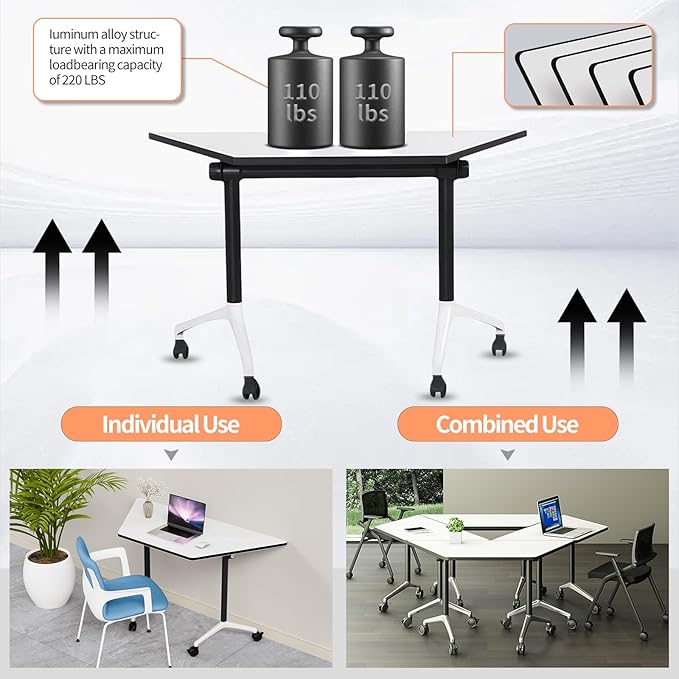 Conference Room Table, 47.2 Inch Folding Conference Tables with Wheels, Modern Office Meeting Table, Easy Flip & Nest Design, Rectangular Seminar Tables with Metal Frame for 2-24 People (L, 4PCS)