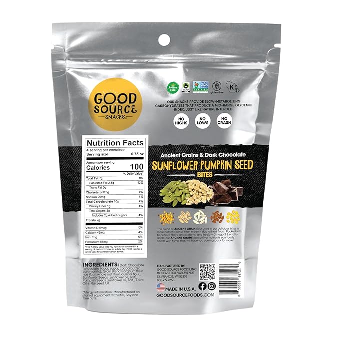 Good Source Snacks Dark Chocolate Bites & Ancient Grains, Sunflower Pumpkin Seed, 3 Pack, 3 oz, Vegan, Gluten Free, Non GMO, Kosher Protein Bites