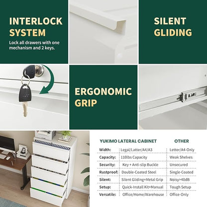 5 Drawer Lateral File Cabinet with Lock, File Cabinets for Home Office Legal/Letter A4 Size, File Cabinet Storage Cabinet, Require Assembly, White
