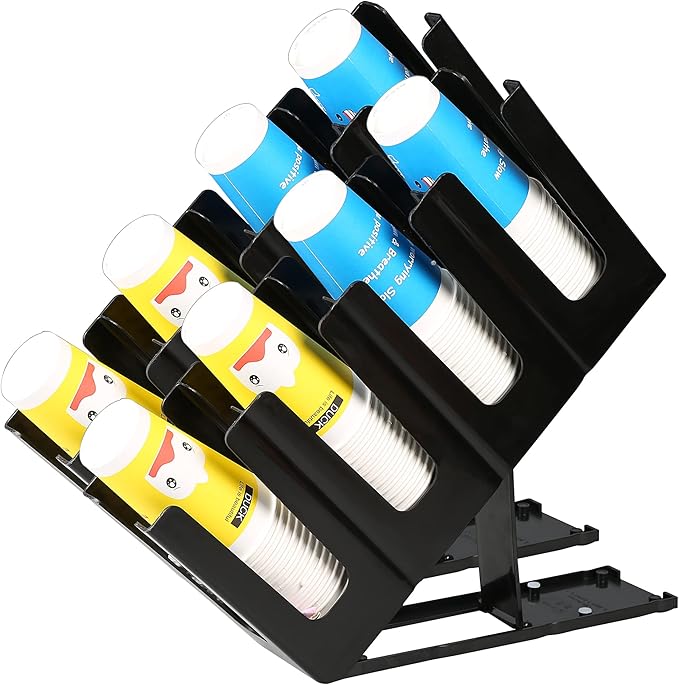 Clivia Pack of 2 Commercial Cup and Lid Holder, Coffee Cup Dispenser Organizer,Paper Cup Holder,Collapsible Design,4 Compartment Countertop Cup and Lid Organizer, Color Black