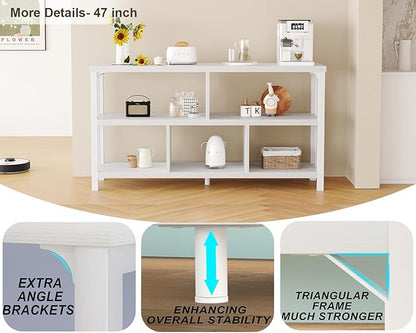 IBF White Wood Bookshelf, Industrial Horizontal Cubby Book Shelf, Low Open Shelf Bookcase for Office Living Room, Modern Short Wide 5 Cube Storage Organizer for Books Display Bedroom, White Oak, 47 In