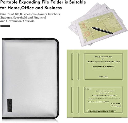 ENGPOW Expanding File Folder Important Document Organizer Fireproof and Waterproof Document Bag with A4 Size 13 Pockets Zipper Closure Non-Itchy Silicone Coated Portable Filing Wallet Pouch(Silver)