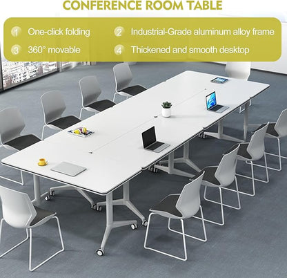 Folding Conference Table Modern Large Mobile Meeting Table Rolling Conference Room Tables with Wheels Seminar Tables for Office Training Classroom (2, White, 63" D X 19.7" W X 29.5" H)