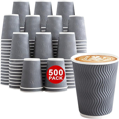 Lamosi 500 Count 12 oz Insulated Coffee Cups Bulk, Disposable Paper Cups No Lids 12oz, Corrugated Ripple Wall Design for Hot Beverage (Grey)