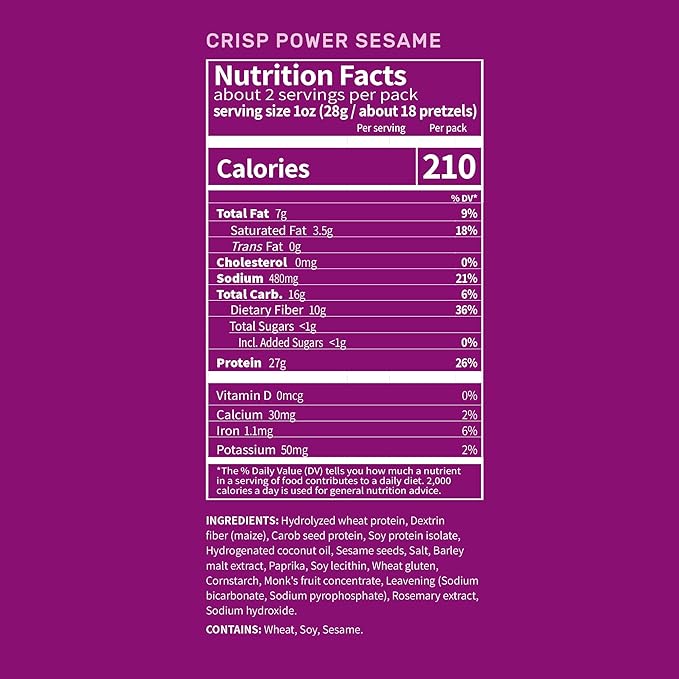 Crisp Power Protein Pretzels, Sesame, High Protein Vegan Keto Snack, 27 G Plant Based Protein, Low Carb Crunchy Pretzel Snacks, No Added Sugar, No Seed Oils, 1.75 oz Bags, 6 Pack