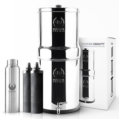 Gravity Water Filter System, 3.25 G NSF Certified Rust Free 304 Stainless Steel Countertop Water Filter | 2 Smart Carbon Filters | Steel Spigot | Manual Install | No Electricity or Plumbing | Portable