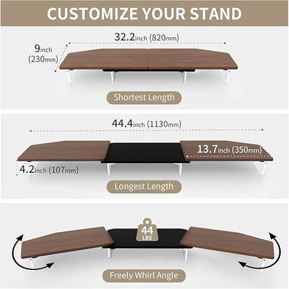 LED Dual Monitor Stand Riser for 2 Monitors,Office Desktop Wooden Stand Adjustable Length and Angle 3 Shelf,Extra Long Multifunctional Stand up to 44.4" for Computer,Laptop,TV,Walnut Finish