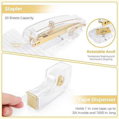 SKYDUE Gold Office Supplies Set, Pencil Holder for Desk,Gel Pen, Stapler, Tape Dispenser, Scissors,Clips and 1000pcs Staples, Office Decor for Women, Gold Desk Accessories