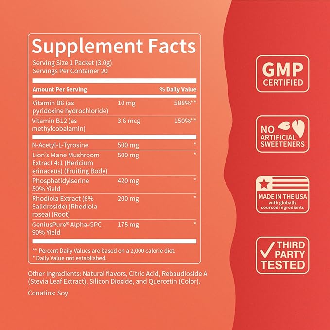 Nello SuperFocus Mojito – Nootropic Focus Drink Mix, 20 On-The-Go Packets, Alpha GPC, Lion’s Mane, Rhodiola, Sugar-Free