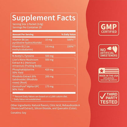 Nello SuperFocus Mojito – Nootropic Focus Drink Mix, 20 On-The-Go Packets, Alpha GPC, Lion’s Mane, Rhodiola, Sugar-Free