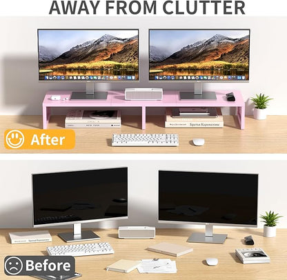 Dual Computer Monitor Stand Riser, Desk Organizers and Accessories, Printer & TV Stand, Desk Shelf, Office Desk Accessories & Desktop Workspace Organizer for Office Supplies, Pink