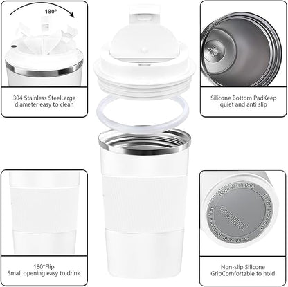 YINBAOGE Insulated Travel Coffee Mug, Spill & Leak Proof, Portable To Go Camping Stainless Steel Coffee Tumbler, Reusable Thermal Coffee Cup with Lid for Hot & Cold Drinks (White, 17 OZ)