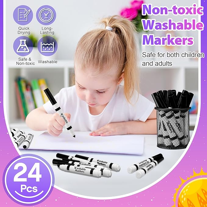 Janlaugh 24 Pcs Washable Markers Bulk Broad Line Markers Coloring Conical Tip Large pens for Kids art projects, Teachers, Students, Toddlers, Party Favors, Classrooms, Donations(Black)