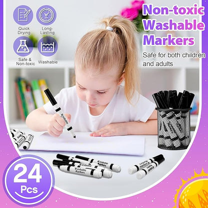 Janlaugh 24 Pcs Washable Markers Bulk Broad Line Markers Coloring Conical Tip Large pens for Kids art projects, Teachers, Students, Toddlers, Party Favors, Classrooms, Donations(Black)