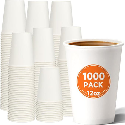 12 oz Disposable Paper Coffee Cups [1000 Pack], White Hot Paper Cups, Thickened Design for Bistros, Parties, and Events
