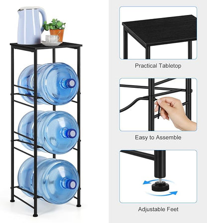 OYEAL Water Jug Holder Stand 5 Gallon Water Bottle Holder Organizer With Shelf, Heavy Duty 3 Tier Water Bottle Storage Rack for Kitchen, Office, Living Room, Black