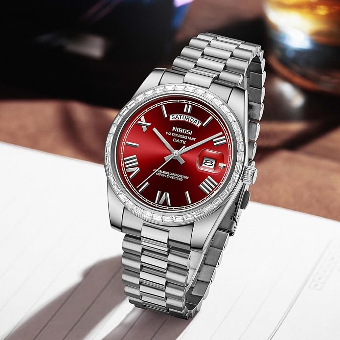 NIBOSI Men's Watches Analog Quartz Diamond Bezel Stainless Steel Dial Rose Gold Silver Watches for Men Waterproof Business Classic Dress Wrist Watch with Day Date