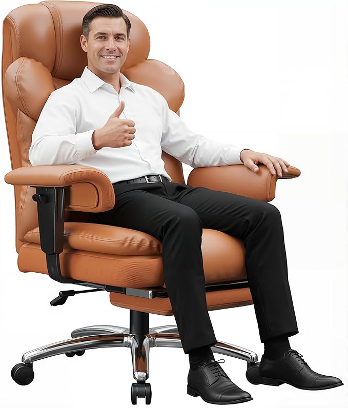 Ergonomic Office Chair with Foot Rest and Arms,Big and Tall Leather Executive Office Chair with Wide&Deep Seat Thickened,Reclining Comfy Desk Chair with High Back and Lumbar Support,Brown