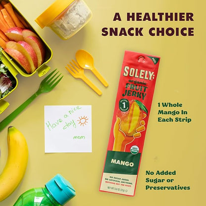 Solely - Organic Mango Fruit Jerky - 12 Individually Wrapped Fruit Strips - Fruit Leather Made from Dried Fruits - Healthy Snacks, Vegan - 0.8oz (23g)
