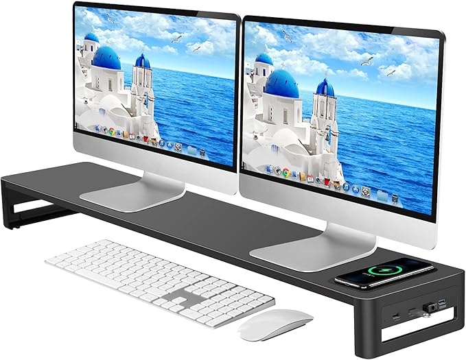 Dual Monitor Stand with Wireless Charging and 4 USB 3.0 Ports, Steel Monitor Stands for 2 Monitors, Metal Computer Stand Riser for Desk, Office, Laptop, PC up to 32 Inches (Black)