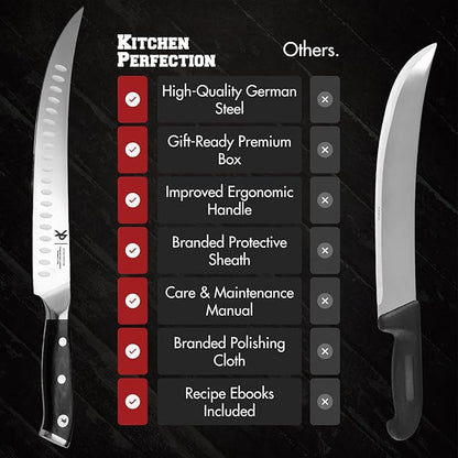 KITCHEN PERFECTION 10” Butcher Knife for Meat Cutting & Trimming-Ultra Sharp Cimeter Breaking Carving Knife with Sheath- Premium German Steel,Full Tang Ergonomic Handle -Perfect Grilling Gifts for Men