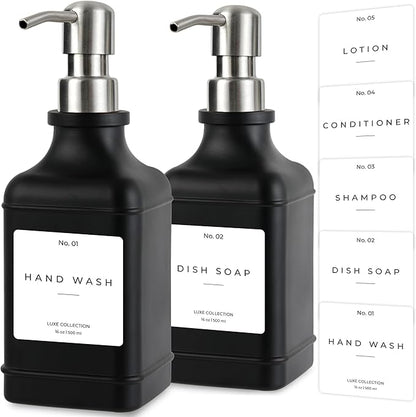Emerson Essentials Soap Dispenser, Dish Soap Dispenser, Soap Bottle Bathroom Set, Hand Soap Farmhouse, Kitchen Soap Bottles - Glass Soap Dispenser with Pump and Labels, 16 Oz, 2 Pack