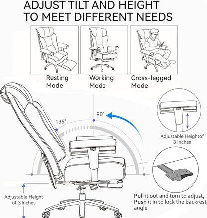 Efomao Big and Tall Office Chair 450LBS with Foot Rest, High Back PU Leather Executive Chair with Adjustable Padded Armrests, Lumbar Support for Home or Work, Heavy Duty Computer Chair, Grey