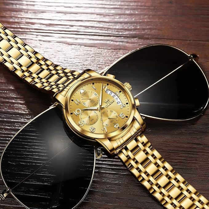 OLEVS Men's Stainless Steel Chronograph Watch, Big Face Gold Silver Black Tone Easy to Read Analog Quartz Watch, Luxury Waterproof Date Diamond Roman Arabic Numerals Dial Dress Watch for Men