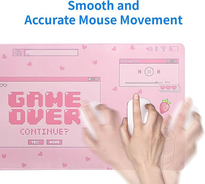 Pink Gaming Mouse Pad 27.6x11.8 Inch Pastel Game Over Large Mousepad Kawaii Office Decor for Women Non-Slip Rubber Base Stitched Edges Keyboard Mouse Mat Desk Pad for Office Home and Game