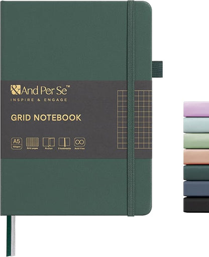 160 Pages, A5 5.7 x 8 inches 100 gsm Thick Paper Notebook Journals for Writing, Grid Hardcover Notebook(1 Pack, green)