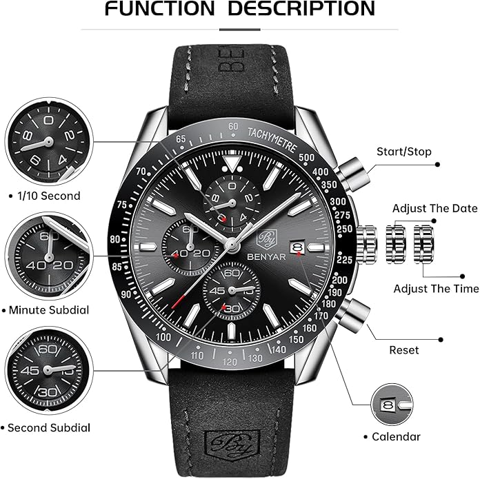 BY BENYAR Watch for Men Analog Quartz Chronograph Waterproof Luminous Designer Mens Wrist Watches Business Work Sport Casual Dress Watch with Silicone Strap Elegant Gifts for Men