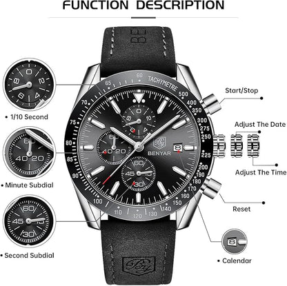 BY BENYAR Watch for Men Analog Quartz Chronograph Waterproof Luminous Designer Mens Wrist Watches Business Work Sport Casual Dress Watch with Silicone Strap Elegant Gifts for Men