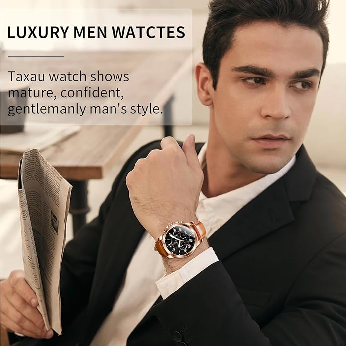 Mens Watches Luxury Dress Waterproof Leather Watch with Date Day Analog Quartz Large Number Wrist Watch Casual Classic Luminous Scales Big Face Easy Read Reloj para Hombre