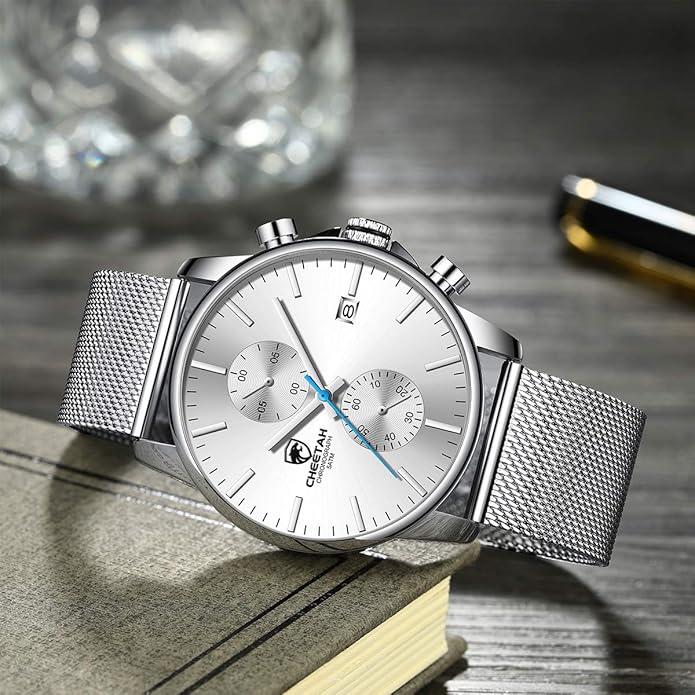 GOLDEN HOUR Mens Watch Fashion Sleek Minimalist Quartz Analog Mesh Stainless Steel Waterproof Chronograph Watches for Men with Auto Date