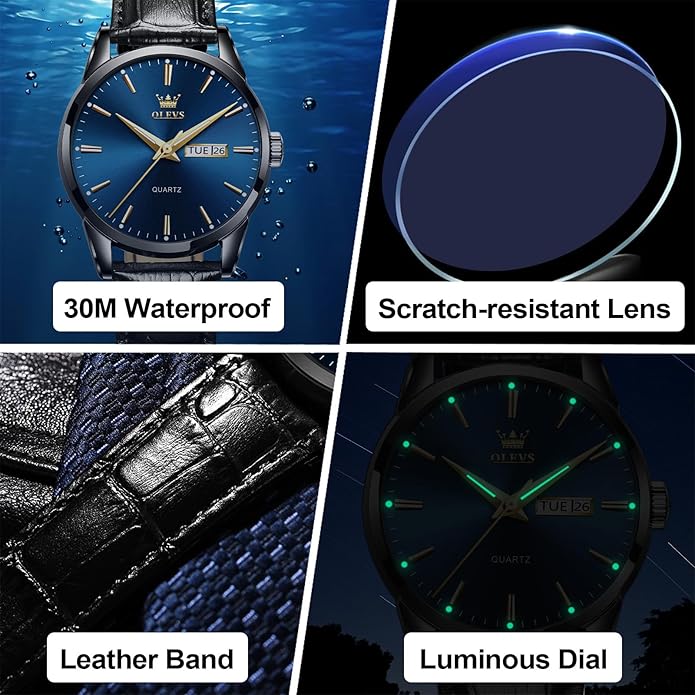 Men's Casual Leather Watch, Easy to Read Three-Hand Analog Stainless Steel Watches for Men, Minimalist Day Date Waterproof Luminous Mens Quartz Wristwatch