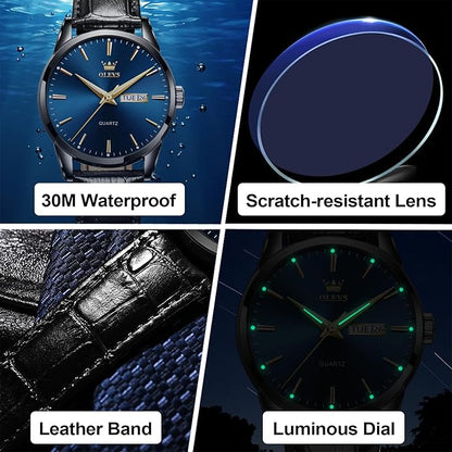 Men's Casual Leather Watch, Easy to Read Three-Hand Analog Stainless Steel Watches for Men, Minimalist Day Date Waterproof Luminous Mens Quartz Wristwatch