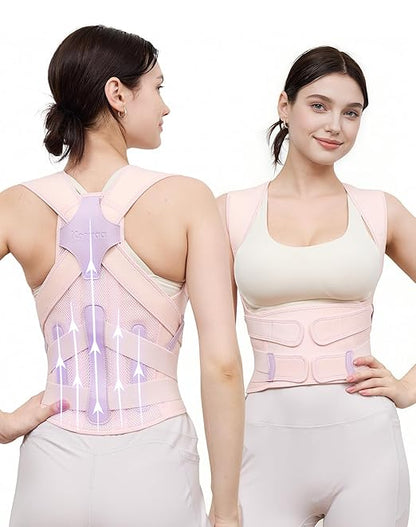 Posture Corrector for Women and Men, 5 Full Back Support Brace Rods, Adjustable Shoulder Straightener, FSA&HSA Eligible, Relief for Upper and Lower Back, Lumbar, Neck Pain (Pink, Large)