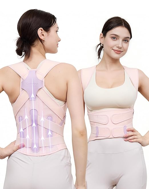 Posture Corrector for Women and Men, 5 Full Back Support Brace Rods, Adjustable Shoulder Straightener, FSA&HSA Eligible, Relief for Upper and Lower Back, Lumbar, Neck Pain (Pink, Large)