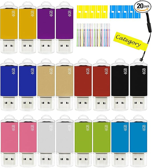 4GB USB Flash Drive 20 Pack Nicepicten FAT32 USB Thumb Drive Memory Stick Jump Zip Drive USB 2.0 Flash Drives 4GB with Lanyard & Label (Mixcolor)