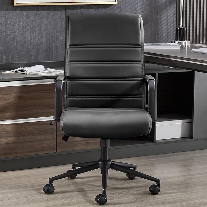 Office Desk Chair Leather, Conference Room Chairs with Wheels, Modern Executive Office Chairs Adjustable Height, Ergonomic Swivel Rolling Ribbed Computer Chair(Matte Black)
