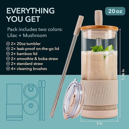 Pandaloo® Glass Cups With Lids and Straws -20 Fl Oz- Perfect Size Iced Coffee Cup - Smoothie Cup With Bamboo Lid and On the go Lid - Glass Tumbler (2 Count (Pack of 1), Lilac-Creamy Mushroom)