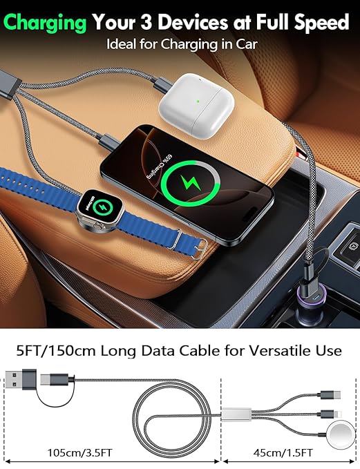 1Pack Multi Charging Cable Cord for Travel Essentials,Apple Watch Charger,iPhone Charger,[3-in-2] Type C/Lightning Cable Portable Designed for iWatch,iPhone 17-8,Galaxy S25-21,AirPods,iPad-1.5M Black
