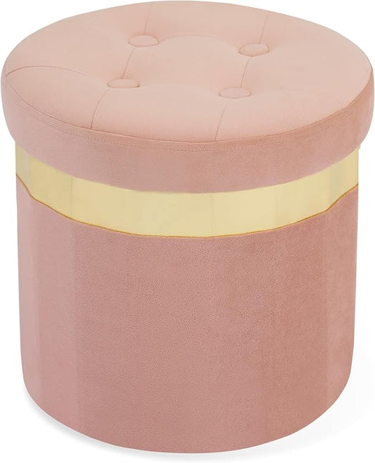 Small Ottoman with Storage,Folding Round Ottoman with Gold Trim,Velvet Storage Stool,Foot Stool with Soft Padded,Foot Rest for Living Room13“x13”x12.4(Pink,1pcs)