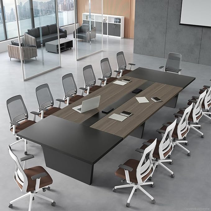 10FT Conference Table, Large Rectangular Seminar Meeting Table, Modern Conference Room Table with Cable Management & 2" Thickened DeskTop for Office Meeting (Oak + Grey, 118"L * 51"W * 30"H)